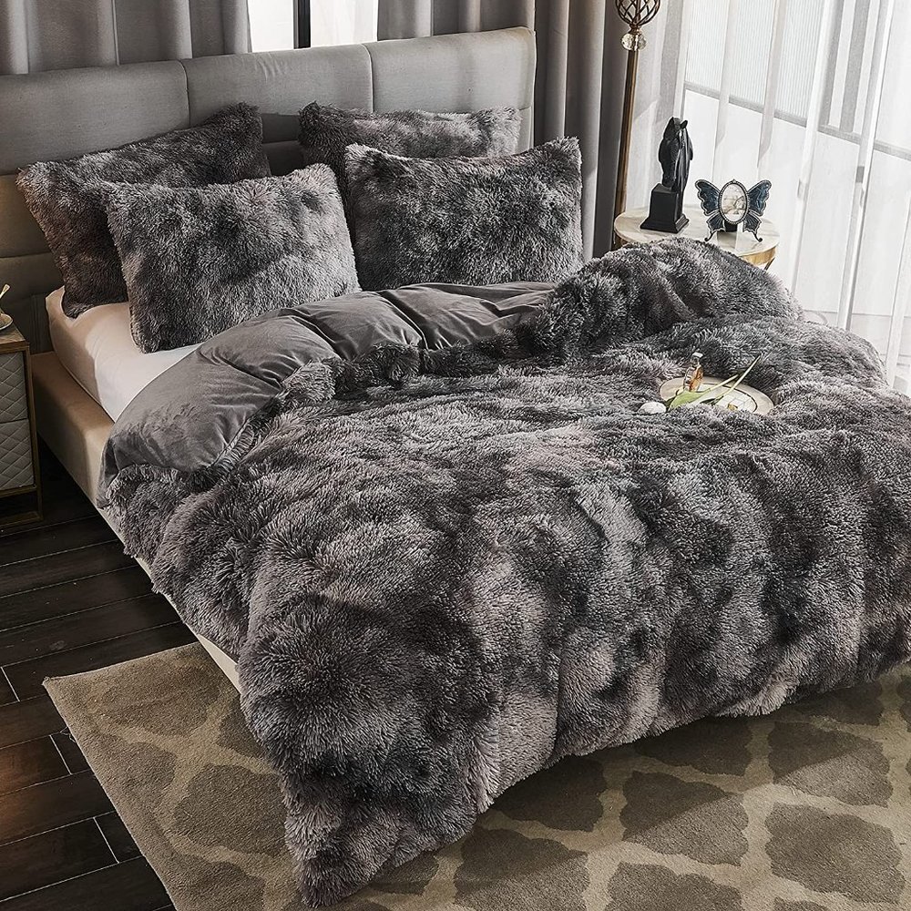 New Shaggy Fluffy Faux Fur Duvet Cover Set Button Closure Velvety Bedding - Picture 10 of 13